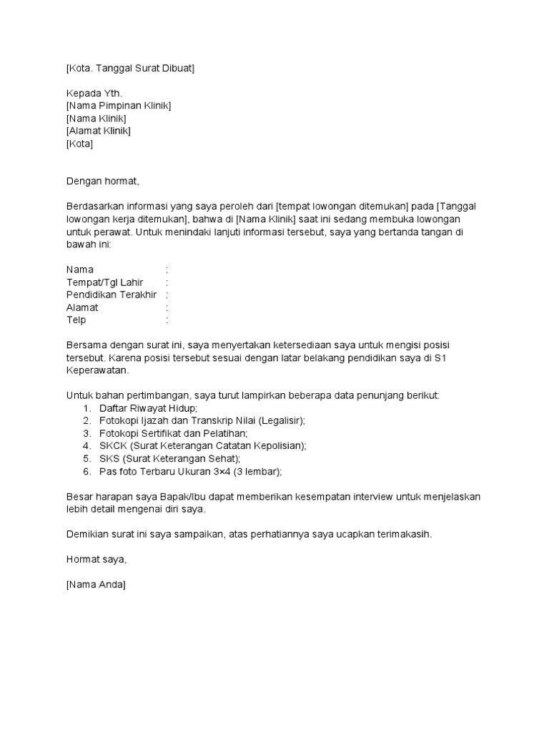 Contoh Surat Lamaran Kerja Perawat Di Klinik | PDF