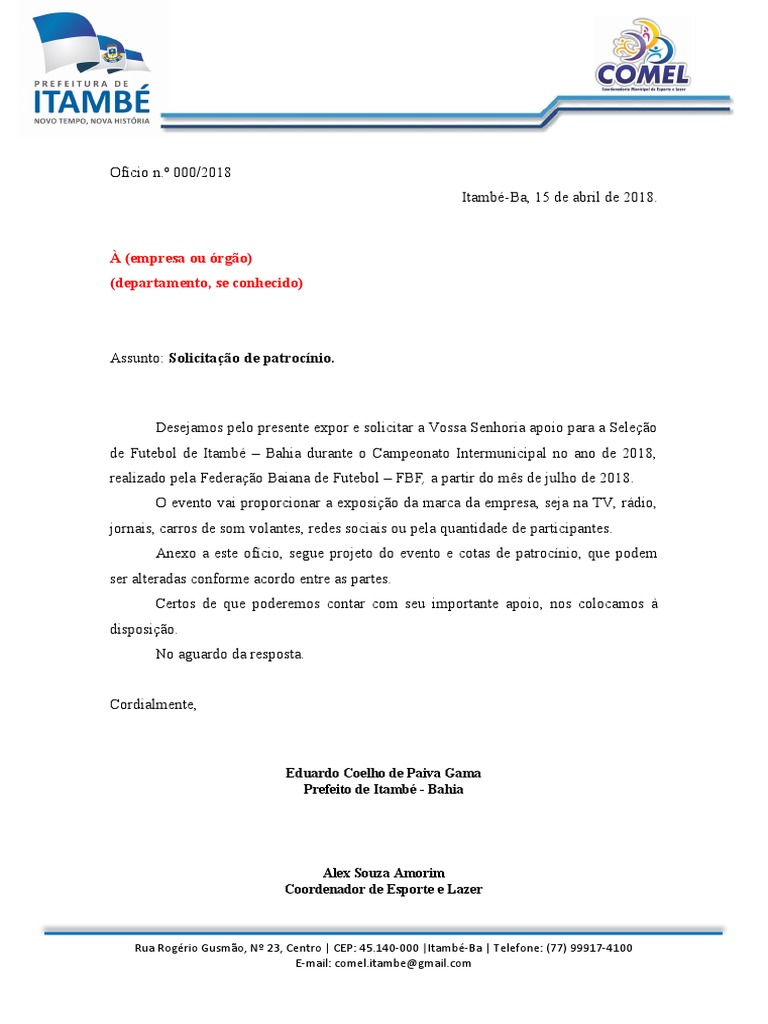 Carta De Oficio Para Patrocinio