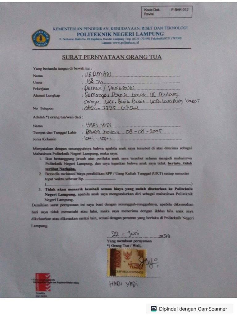 Surat Pernyataan Orang Tua | PDF