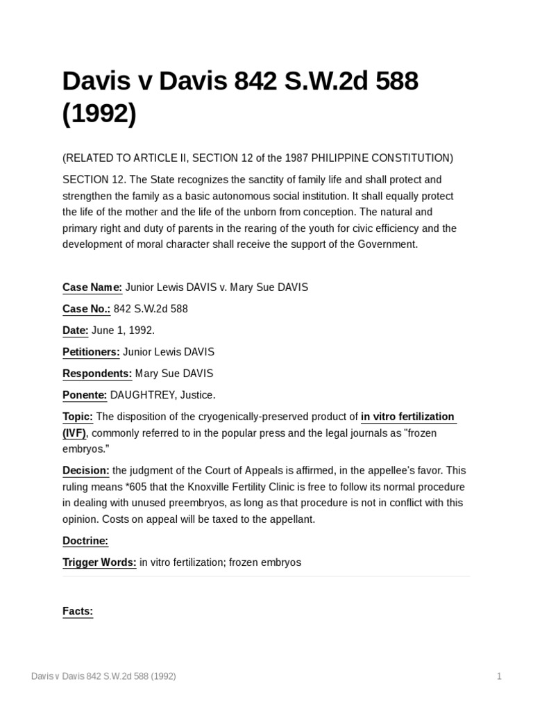 Davis v. Davis: Frozen Embryo Dispute | PDF | Abortion | In Vitro ...