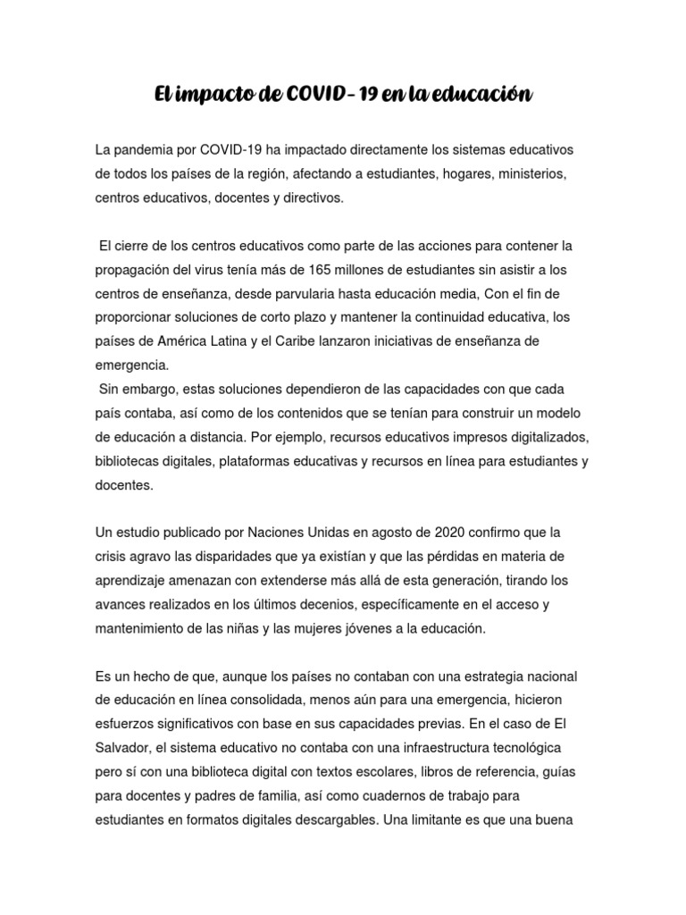 El Impacto Del Covid en La Educacion | PDF | Enseñando | Aprendizaje