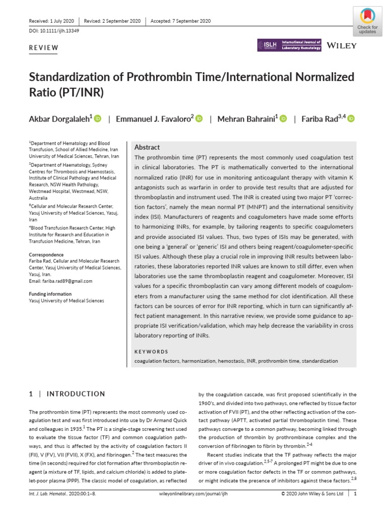 Standardization of Prothrombin Time:International Normalized Ratio (PT ...