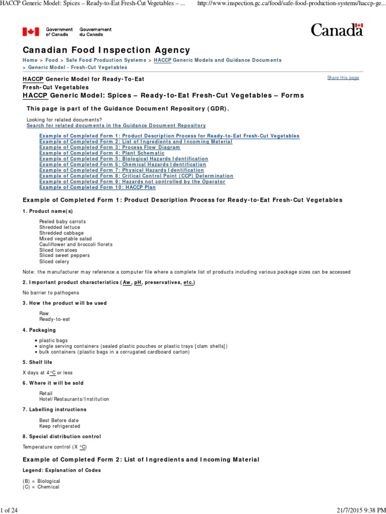 HACCP Generic Model For Fresh Produce, ReadyToEat FreshCut