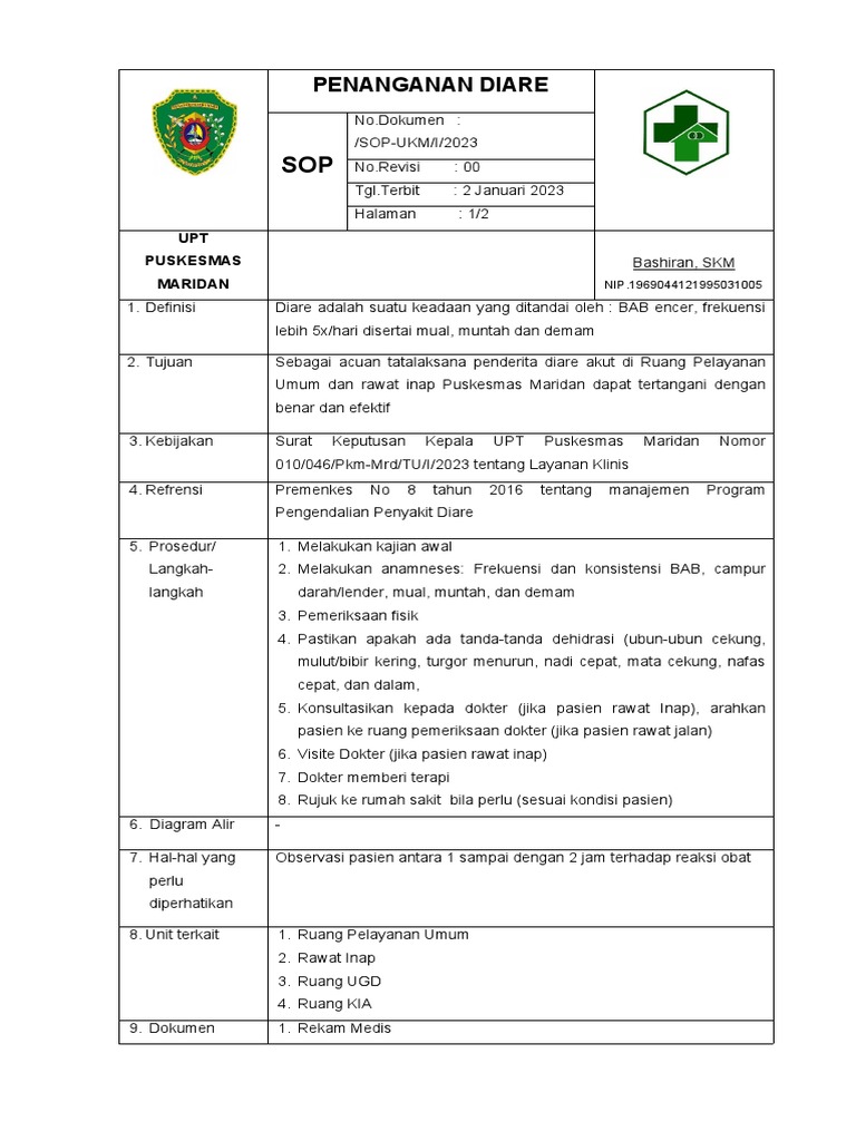SOP Penanganan Diare di Puskesmas | PDF