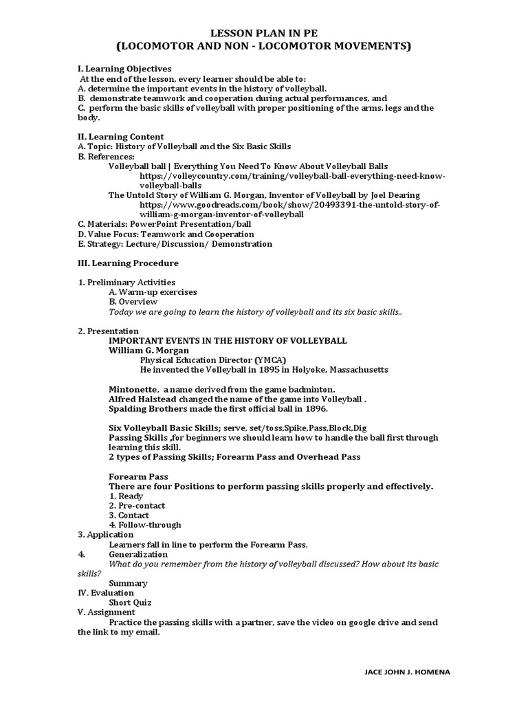 Lesson Plan Pe Volleyball Pdf Volleyball Cognitive Science