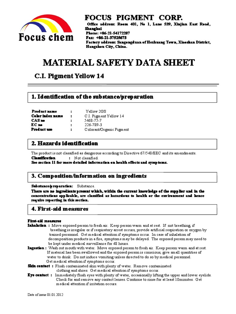 Yellow 14 Pigment Safety Data Sheet | PDF | Personal Protective ...