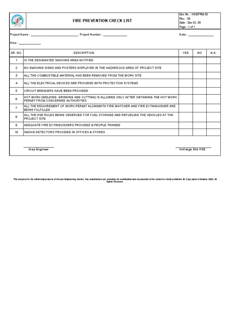 HSE FRM30 Fire Prevention Check List PDF