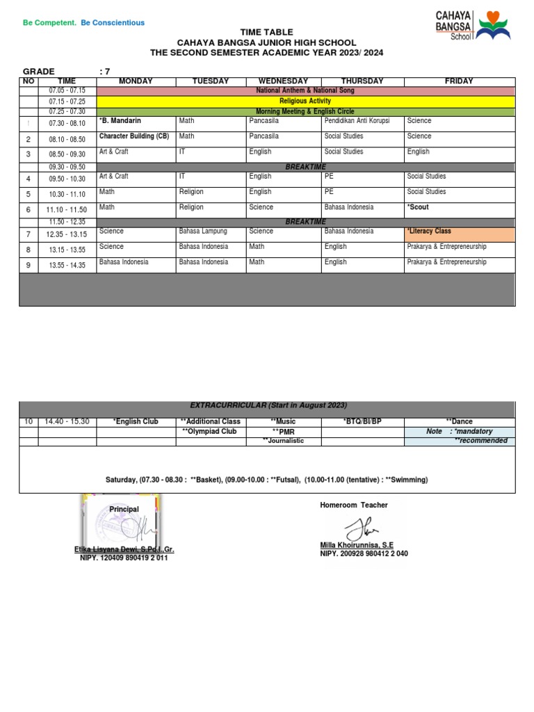 Grade 7 Time Table Sem 1 23-24 | PDF