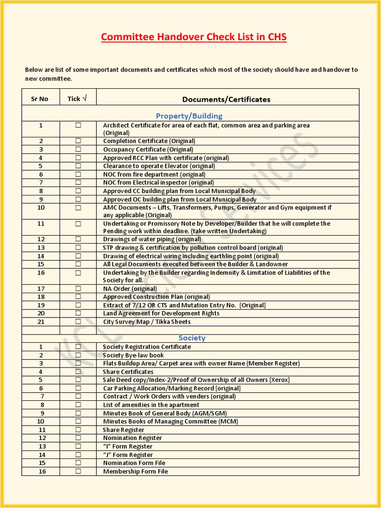 Society Handover Checklist Guide | PDF | Cheque