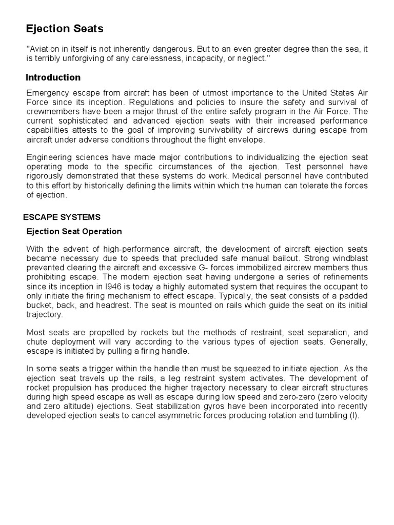 Ejection Seat Systems Overview | PDF | Parachute | Seat Belt
