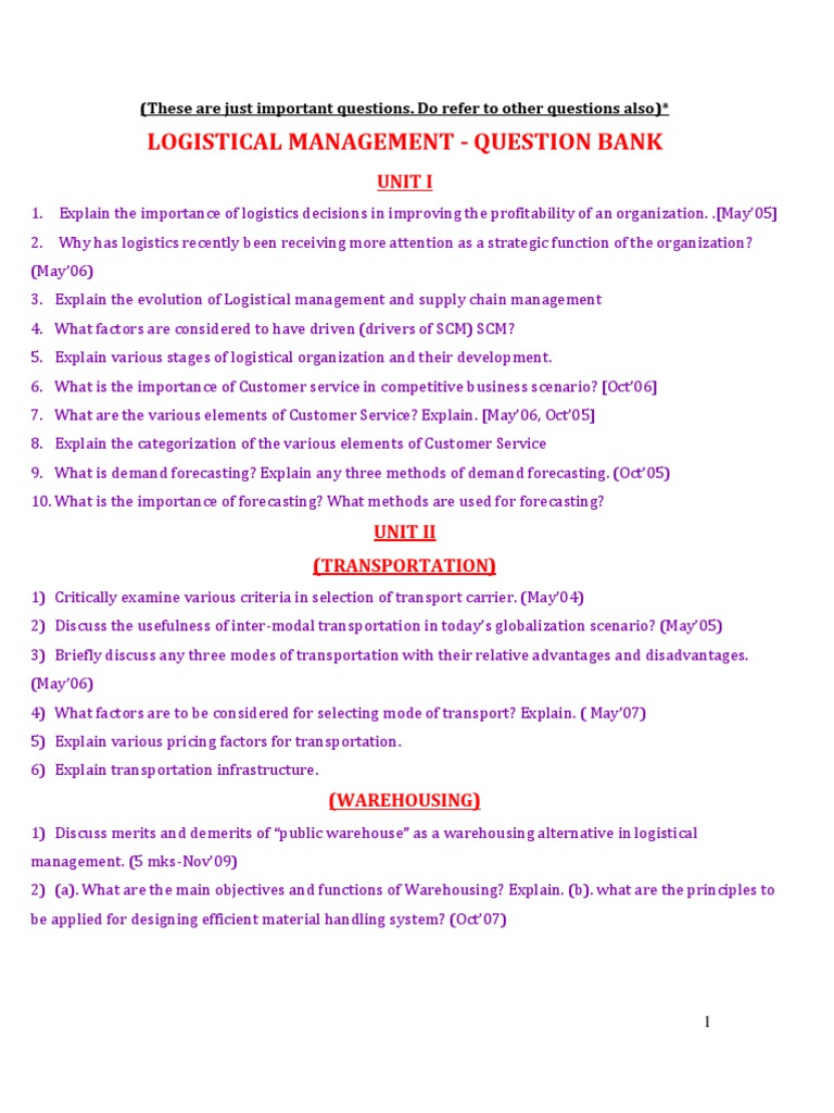 Logistics Management Question Bank | PDF | Inventory | Logistics