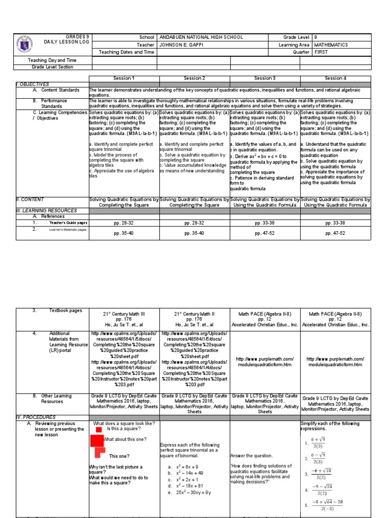 Grade 9 Math Dll Pdf Teaching Methods Materials