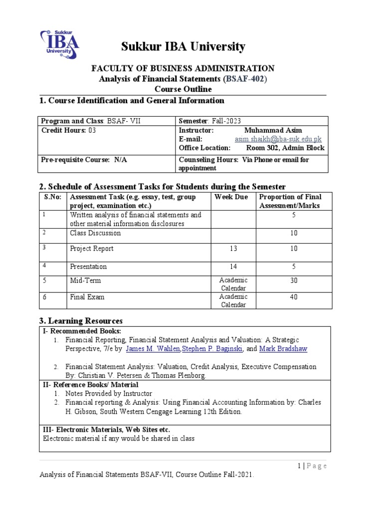 Course Outline AFS Fall 2023 | PDF | Financial Statement | Valuation ...