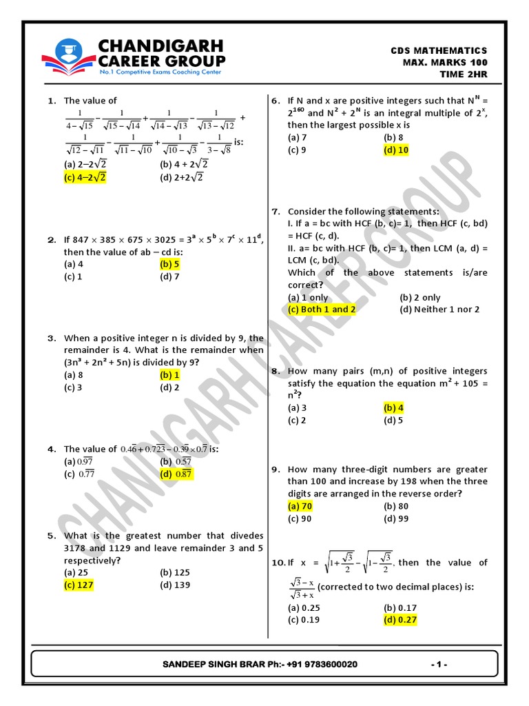 CDS MAJOR TEST With Key | PDF | Numbers | Equations