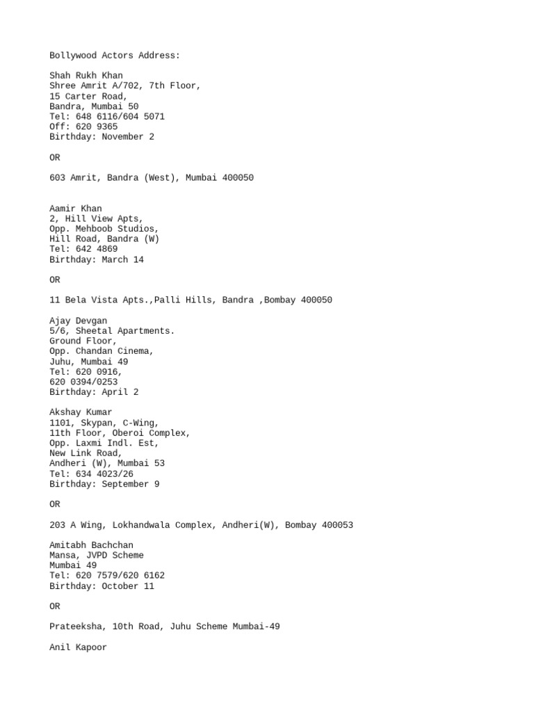 Bollywood Actors and Actresses Addresses | PDF | Mumbai | Cinema Of India