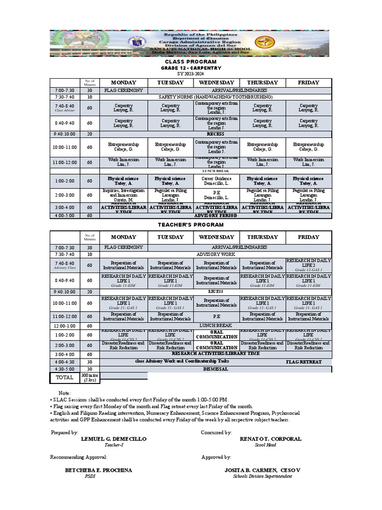 Class program and teachers program 1 1 pdf