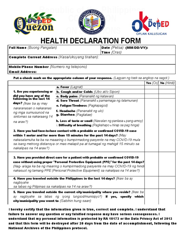 Health Declaration Form For Visitors | PDF | Public Health | Clinical ...