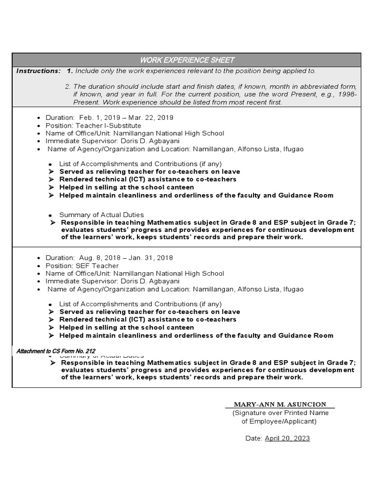 CS Form No 212 Work Experience Sheet | PDF | Learning | Pedagogy