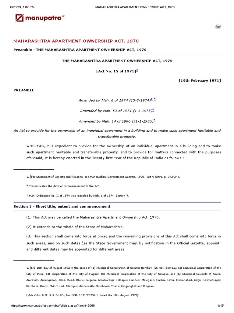 Maharashtra Apartment Ownership Act, 1970 Manupatra PDF Concurrent