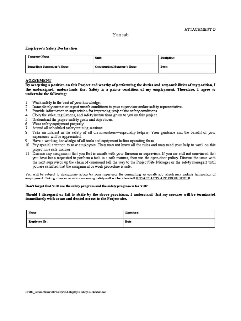 04dEmployee Safety Declaration PDF Supervisor Employment