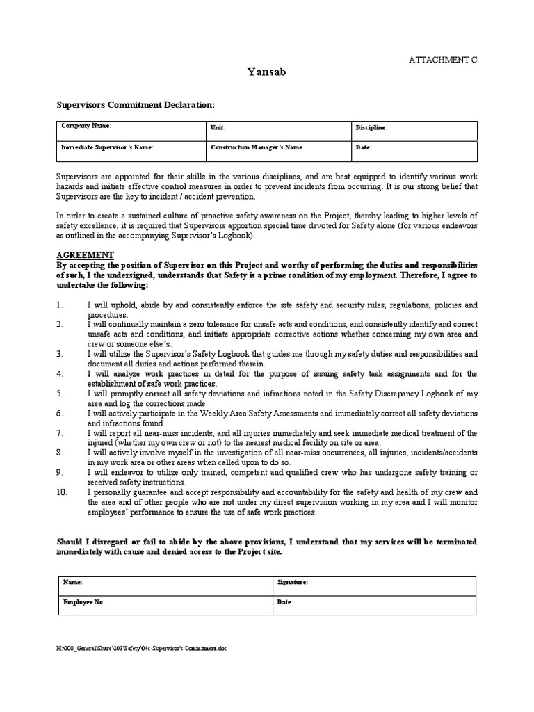 Supervisor Safety Commitment | PDF | Safety