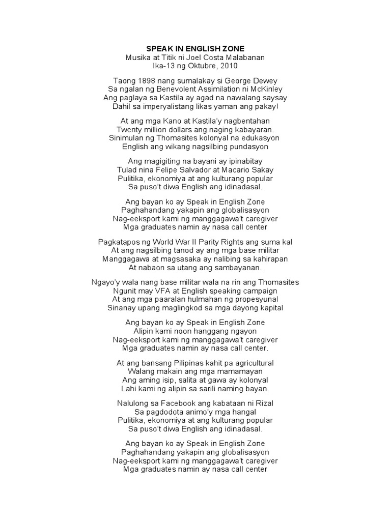 LyricsSpeak in English Zone PDF