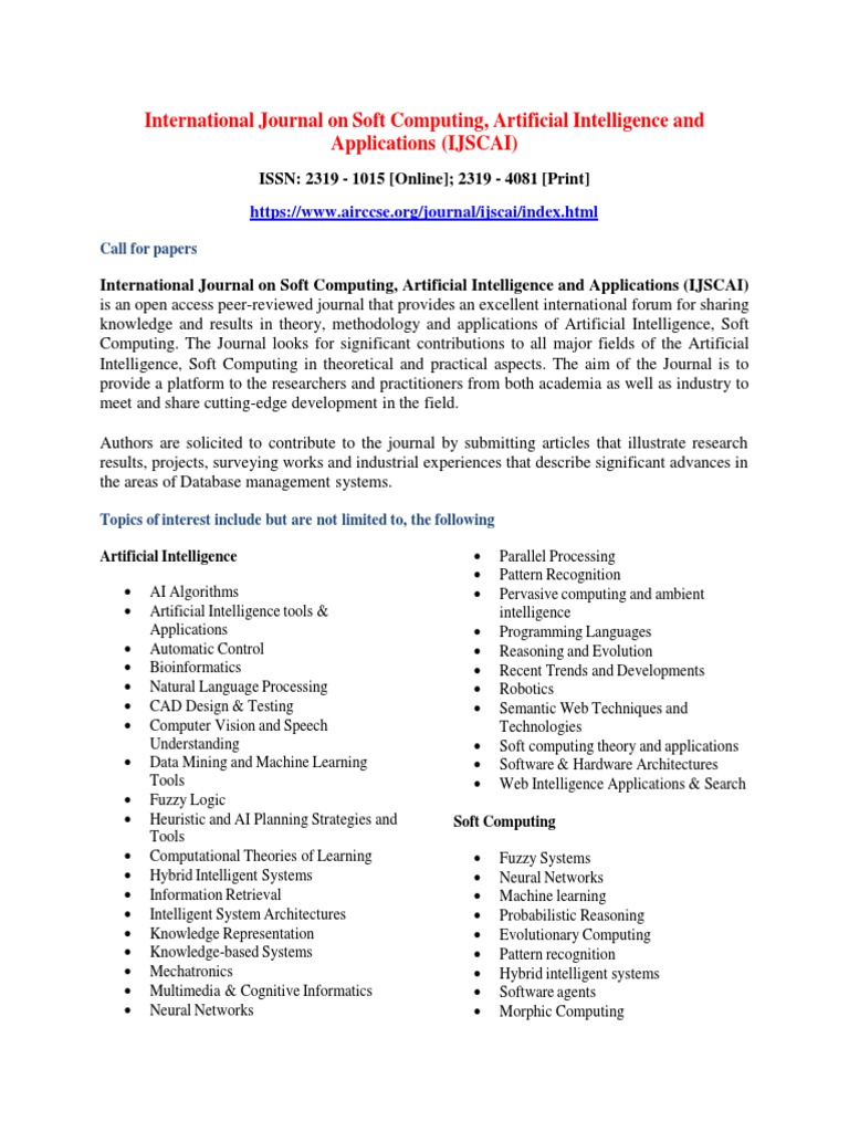 Call for Papers: AI & Soft Computing | PDF | Artificial Intelligence ...