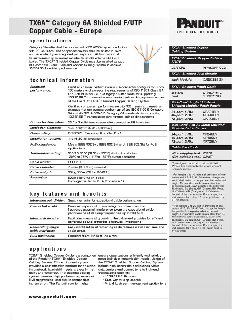Tx6A Category 6A Shielded F/UTP Copper Cable - Europe: Specifications | PDF