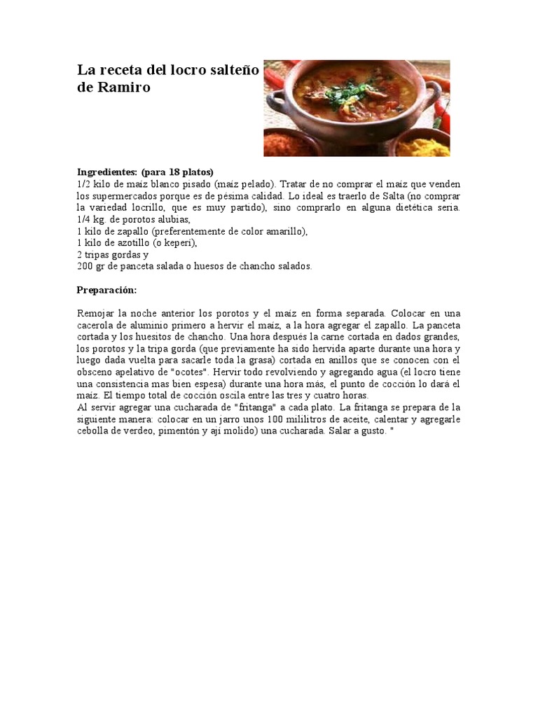 La Receta Del Locro Salteño de Ramiro | PDF