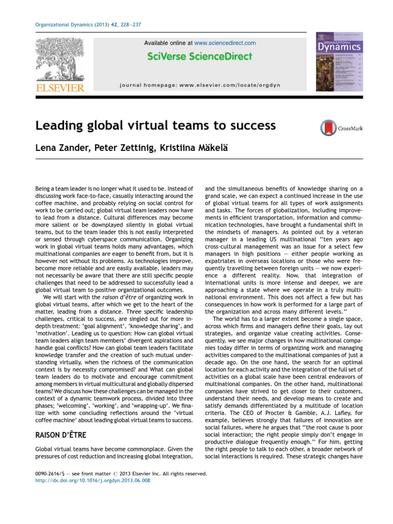 Zander Et Al 2013 Leader Global Virtual Team PDF Leadership