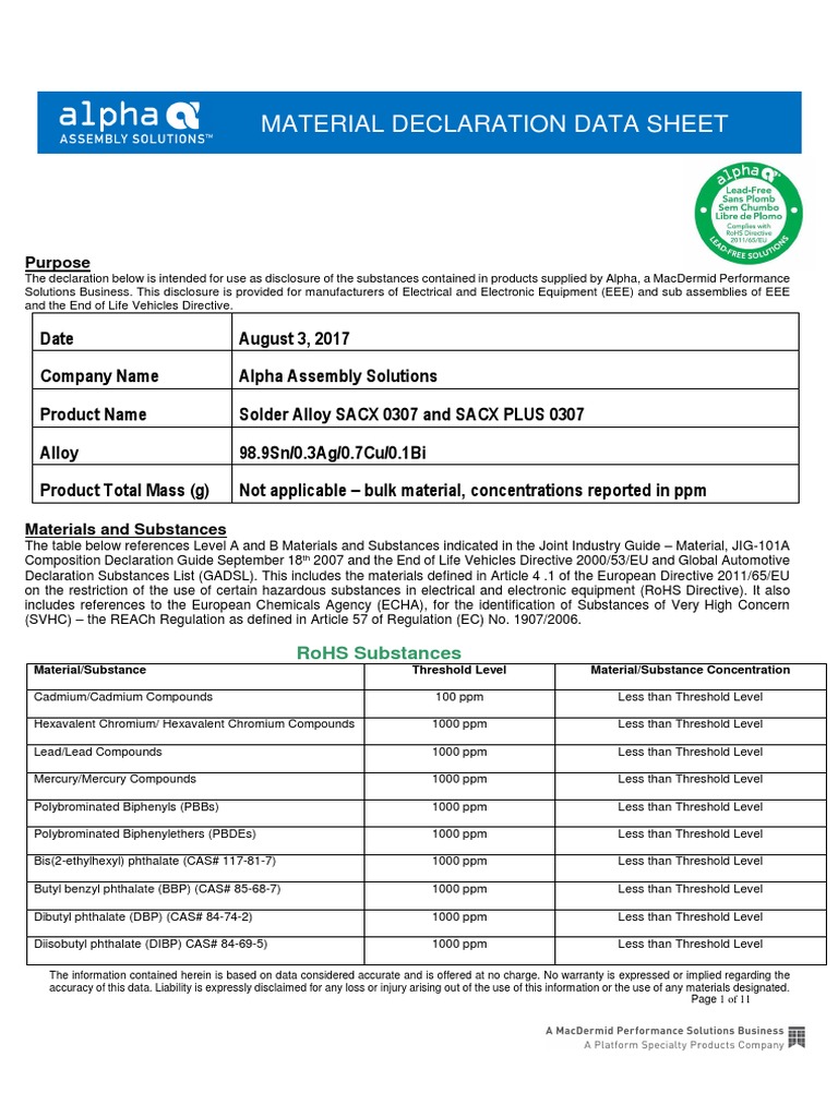 Material Declaration for Solder Alloys | PDF | Molecules | Atoms
