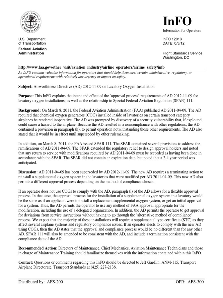 FAA AD 2012-11-09 Oxygen Requirements | PDF | Federal Aviation ...