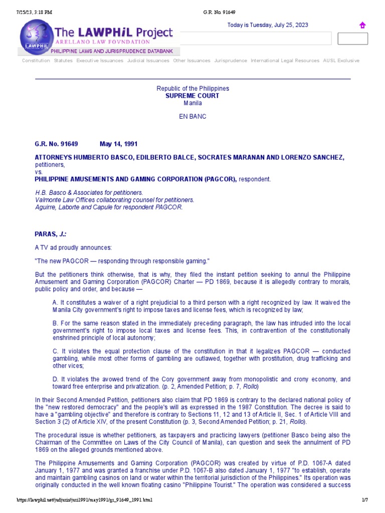 Basco v. Philippine Amusements and Gaming Corporation (PAGCOR), 197