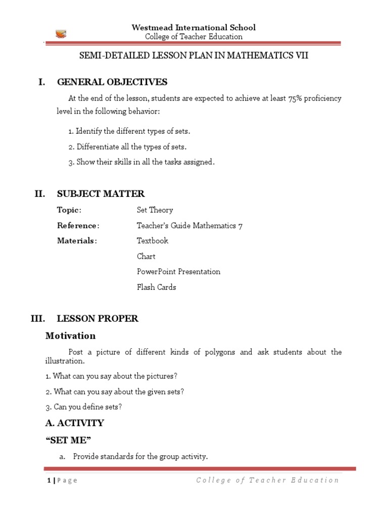 Lesson Plan: Set Theory for Grade 7 | PDF | Mathematics | Lesson Plan