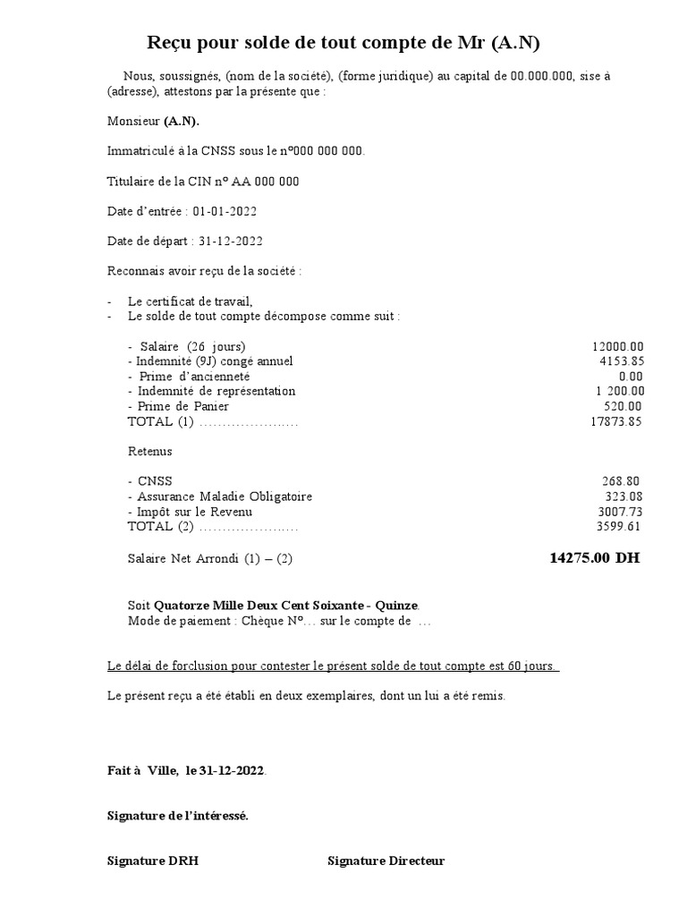 N°020-Modèle Solde Tout Compte (Démission) | PDF