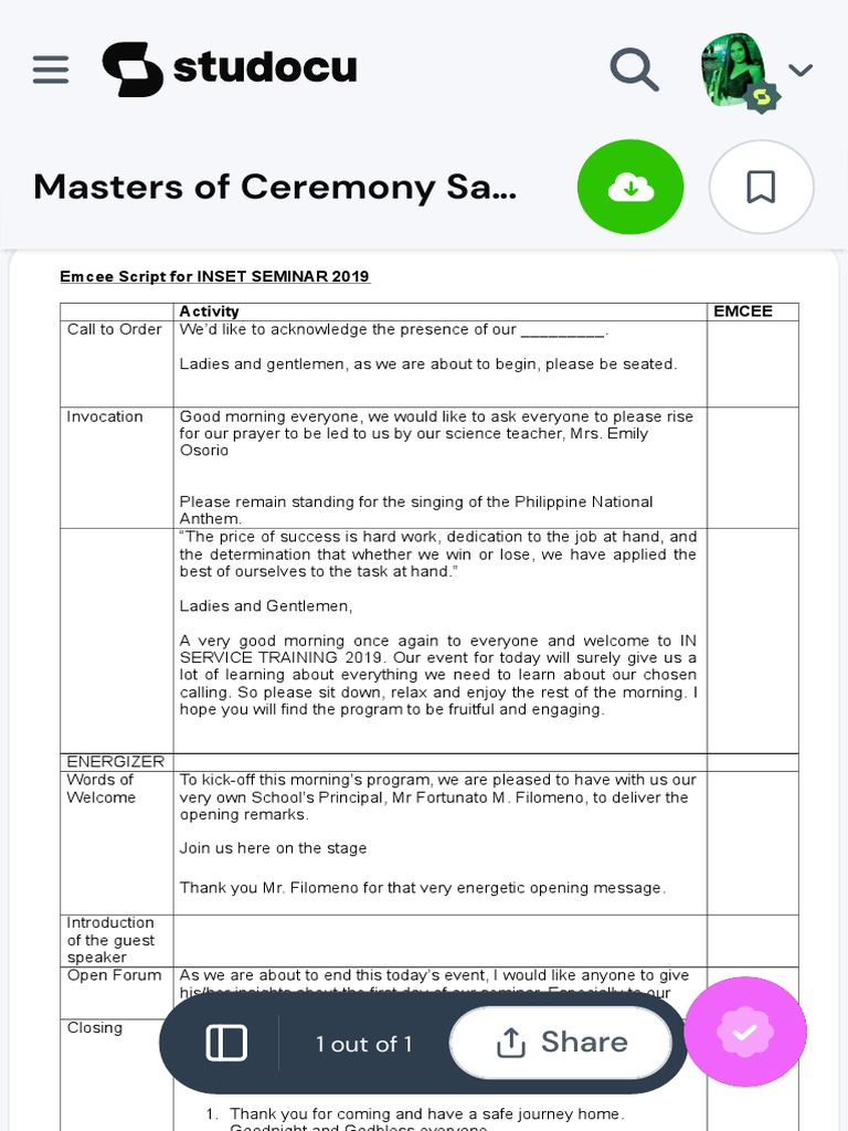 Masters of Ceremony Sample Script Emcee Script For INSET SEMINAR 2019