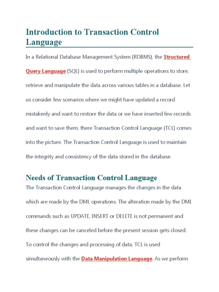 Introduction To Transaction Control Language | PDF | Sql | Relational ...