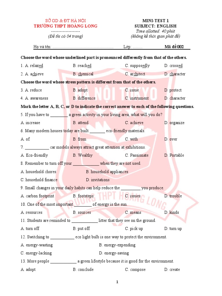 Mini Test 2 - HS | PDF | Energy Conservation | Acupuncture