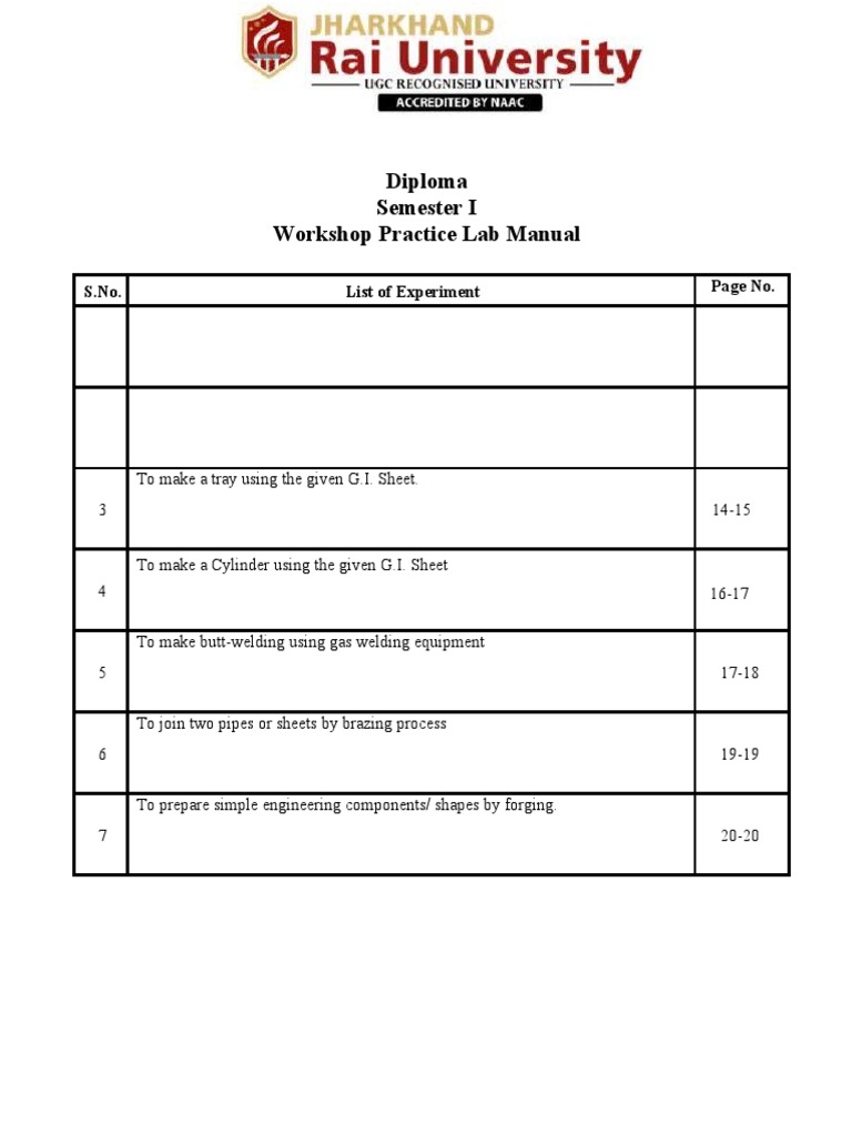 Diploma Workshop Practice Manual | PDF | Sheet Metal | Construction