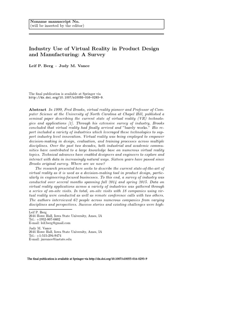 Virtual Reality in Product Design Survey | PDF | Virtual Reality ...