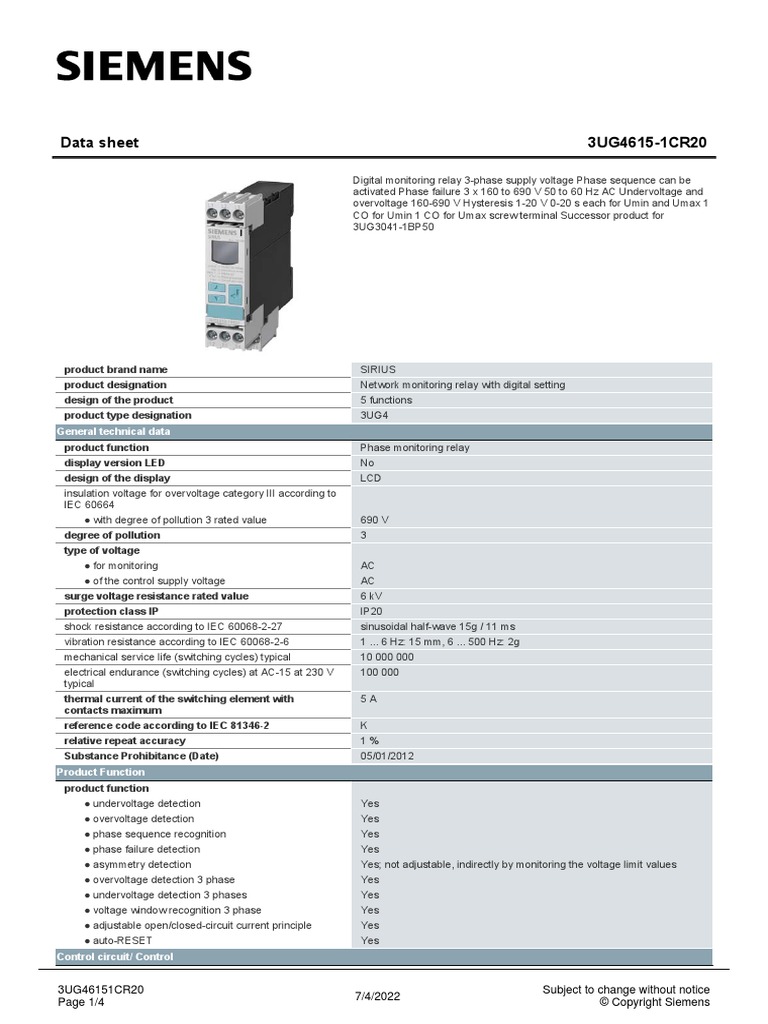 3UG46151CR20 Datasheet en | PDF | Relay | Alternating Current