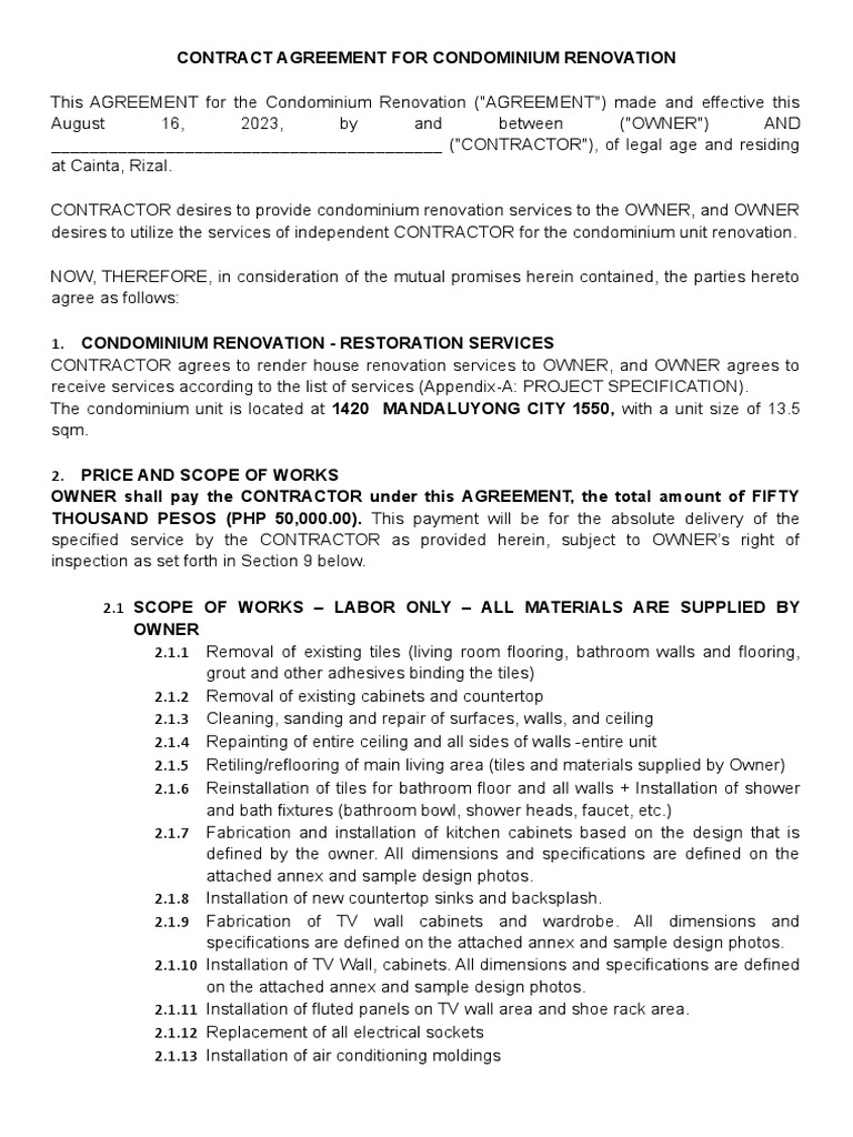 Condominium Renovation Contract Agreement | PDF | Bathroom | Tile