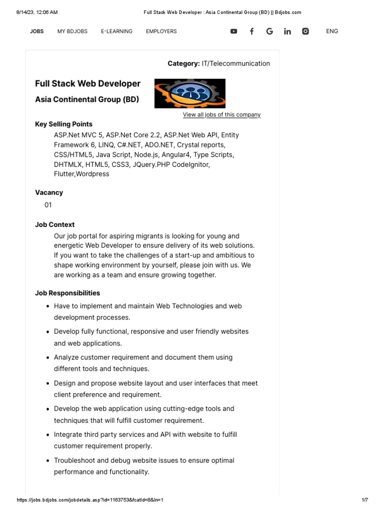 Full Stack Web Developer - Asia Continental Group (BD) | PDF
