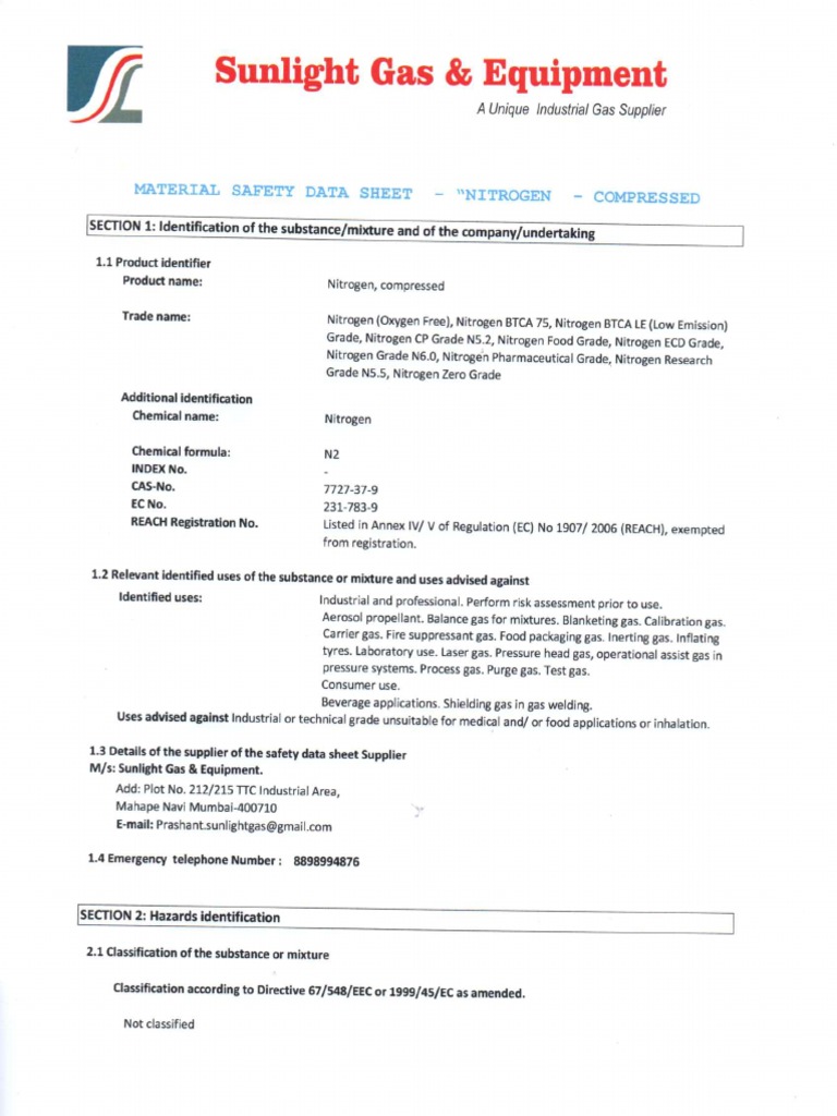 Nitrogen Gas Safety Data Sheet PDF