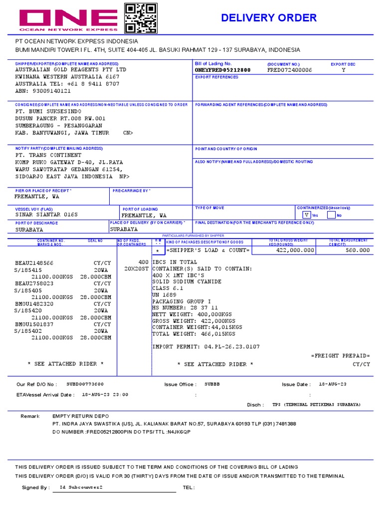 Sodium Cyanide Shipment to Surabaya | PDF | Consumer Goods | Legal ...