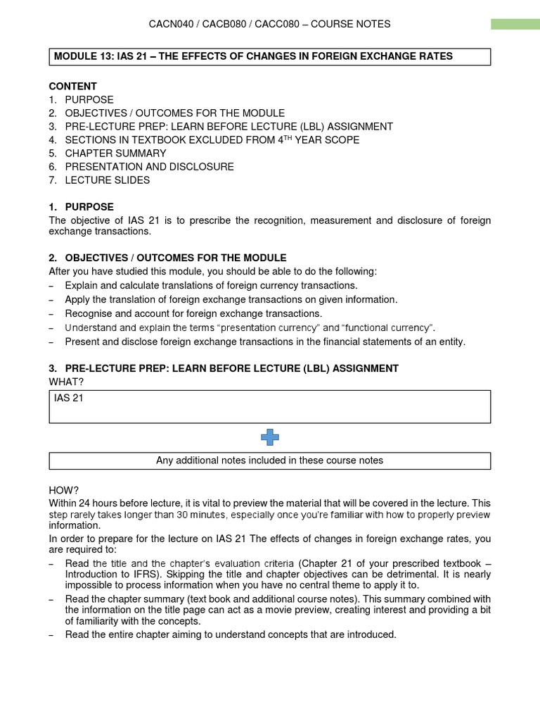 13.1 IAS 21 Course Notes PDF Historical Cost Money