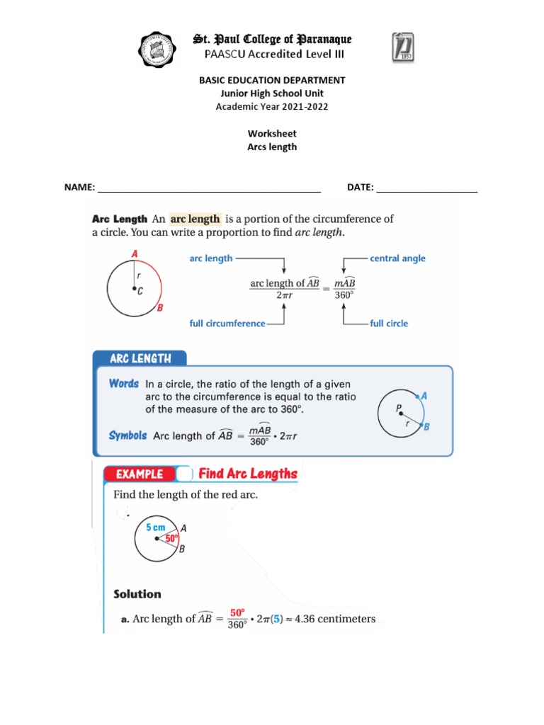 Worksheet Arcs Length PDF