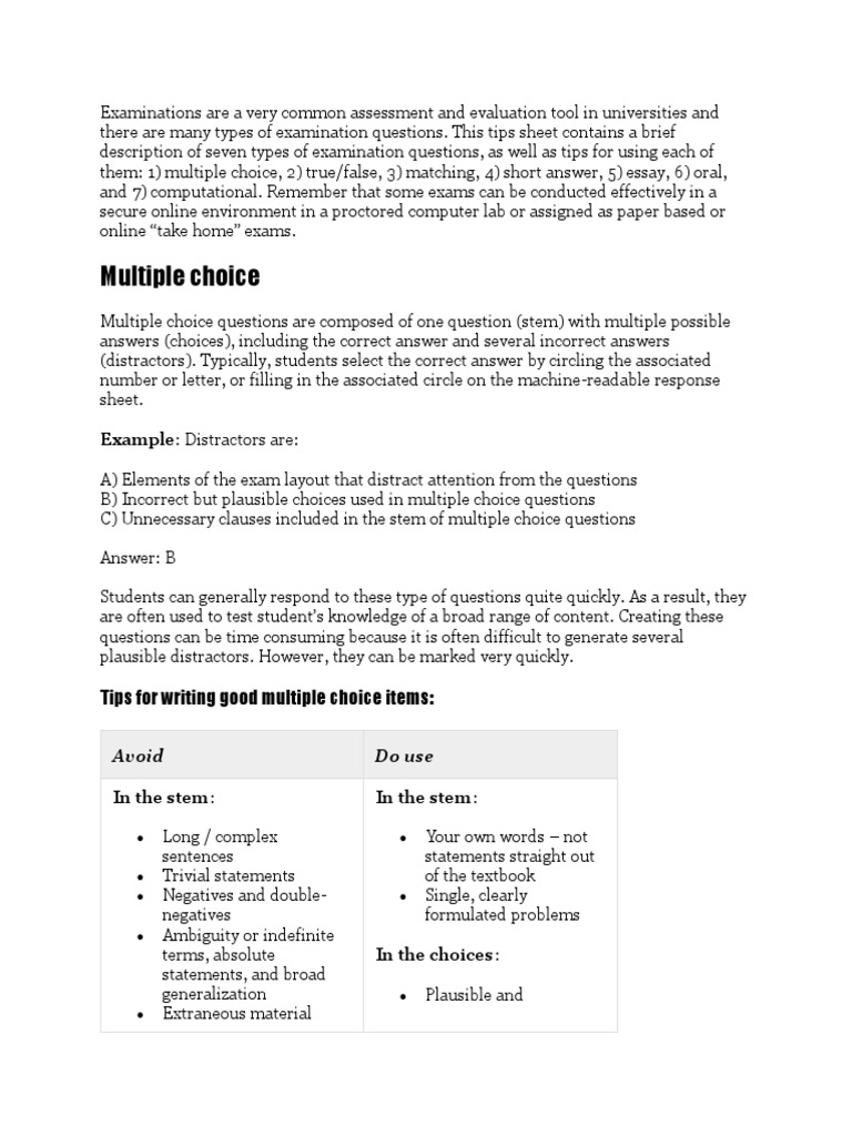 Types of Examination Questions Explained | PDF | Career & Growth ...