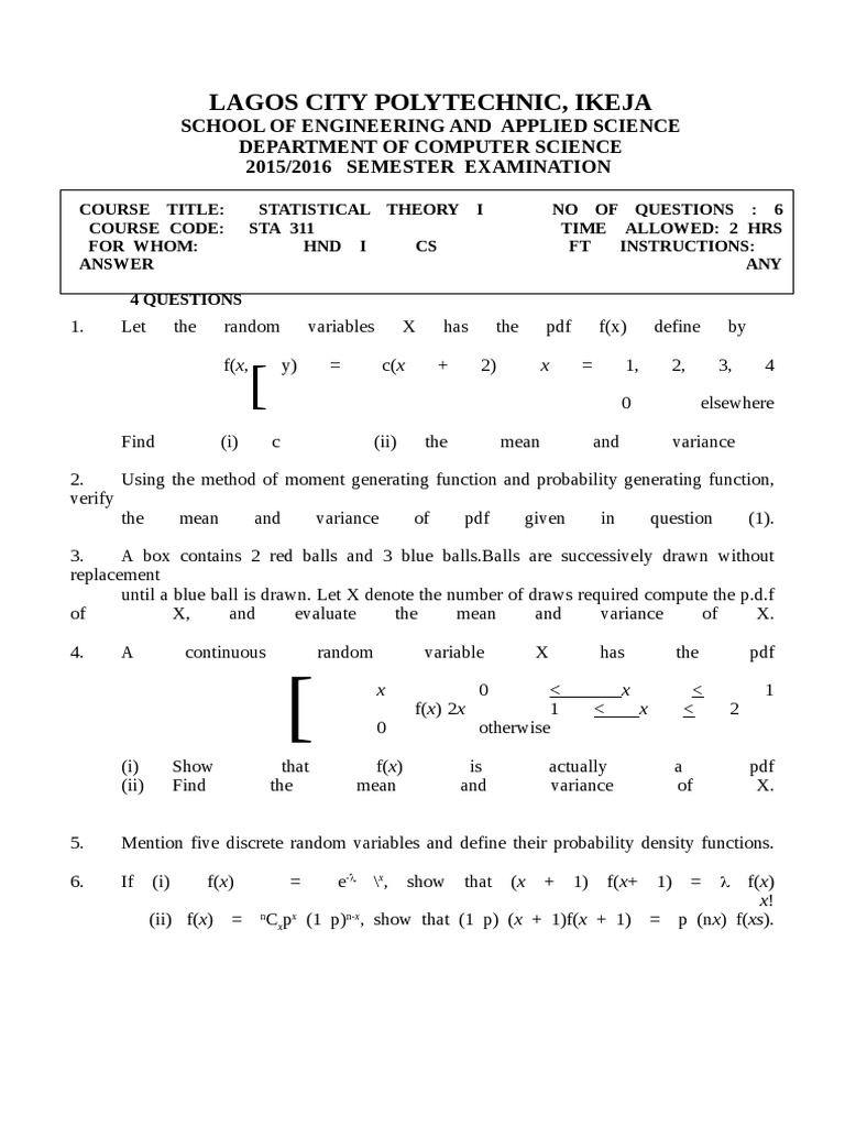 STA 311 Statistical Theory I Exam | PDF | Probability Density Function ...