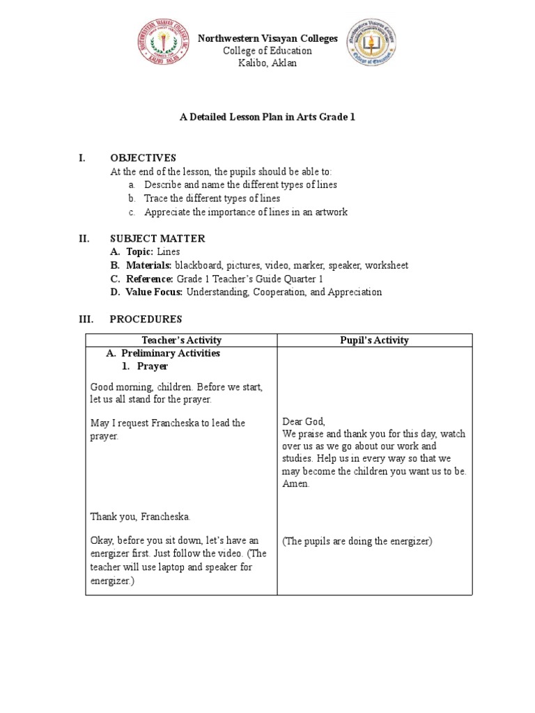 Grade 1 Art Lesson Plan: Lines | PDF